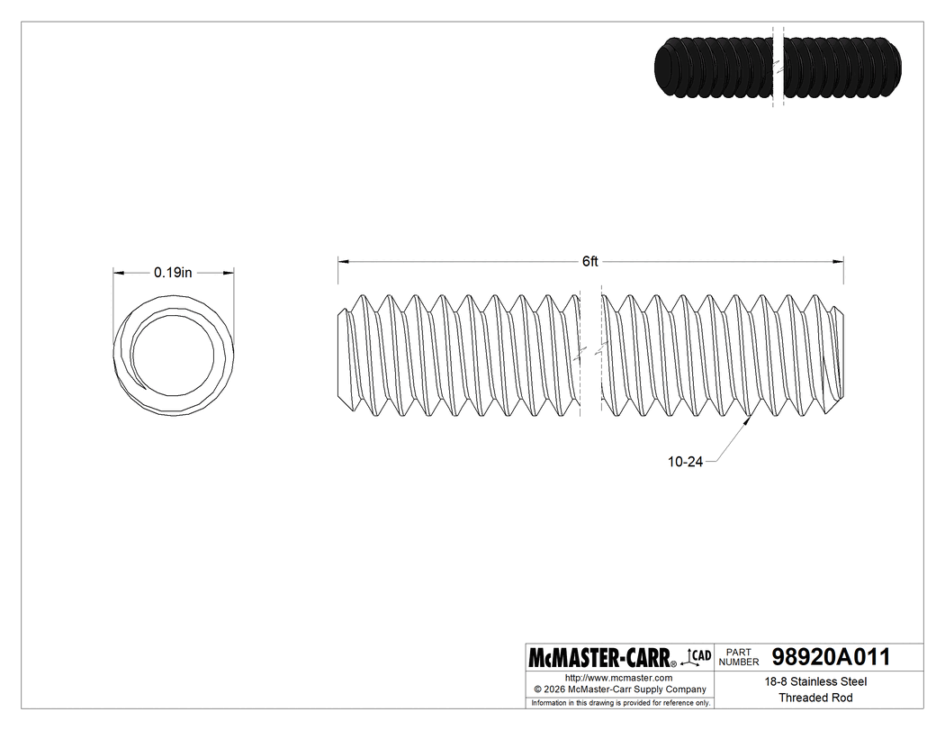 Technical Drawing of 18-8 Stainless Steel Threaded Rod, 10-24 Thread Size, 6 Feet Long.
